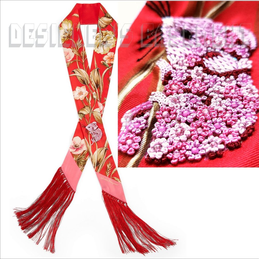 SALVATORE FERRAGAMO red Beaded BABY MOUSE long fringed silk scarf NWT+envelope🎁